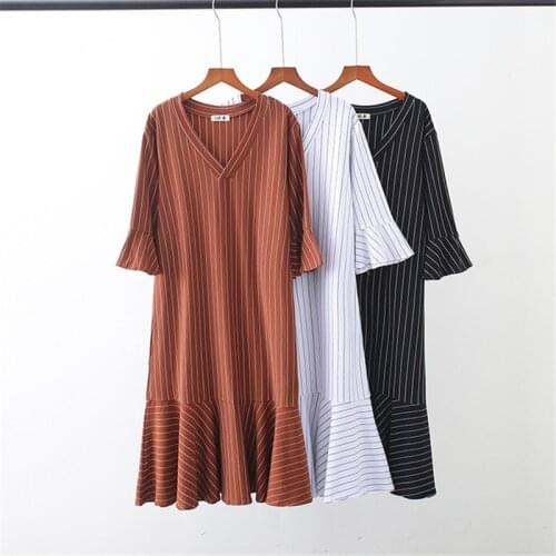 Striped home wear loose spring and summer cotton Sleepwear womens half-sleeved nightdress V-neck long ruffled Korean Nightgown