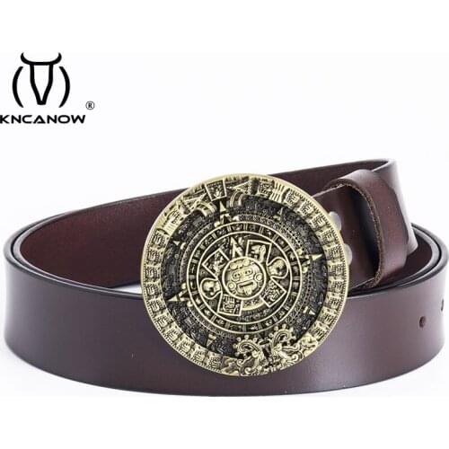 Mens Fashion Belt Round Buckle Aztec Circle Sun Calendar Pattern Cowskin Leather Mayan Cowboy Personality Gift Strap For Male