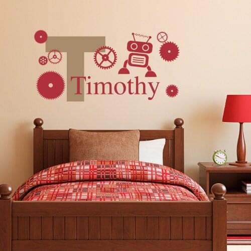 Gears Robots With Personalized Boys Name Special Wall Murals Vinyl Wall Stickers For Home Boy Bedroom Art Decoration Decal W-161