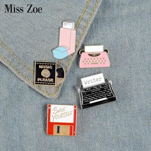 Breather Save Vinyl Record Typewriter Enamel pin Custom Brooches Bag Clothes Lapel Pin Vintage Badge Fun Jewelry Gift