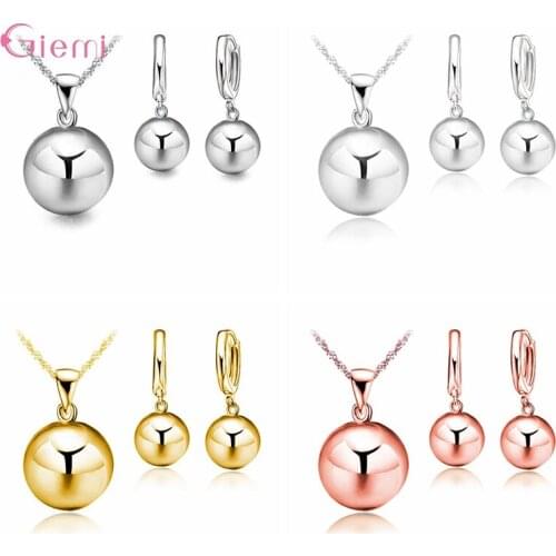 New Simple Style Round Ball Hoop Earrings Necklace Pendant Sets Party Charm Jewelry Sets For Women Girl Silver Rose Gold Bijoux