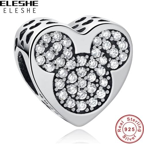 Wholesale 5PCS ELESHE S925 Silver Minnie Heart Bead Fit Original Bracelet DIY Jewelry Making Charm Accessories