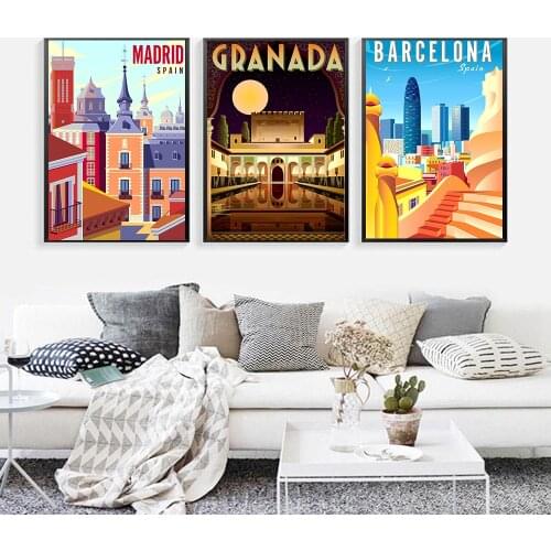Nordic World Famous Travel Location Art Poster Spain Barcelona Madrid City Vintage Mural Canvas Painting Home Decor Living Room