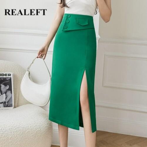 REALEFT Autumn Summer Solid Color Womens Skirts Elegant Fashion Buttons Decoration Front Split Midi Length Office Ladies Skirt