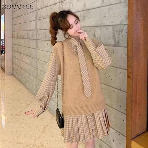 Women Sets 2 Piece V-Neck Knitting Leisure Sweater Vest Plaid Mini Long Sleeve Dresses Streetwear Stylish Elegant Korean Style