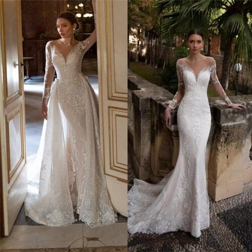 Long Sleeves Mermaid Lace Appliques Wedding Dresses With Detachable Train Custom Pleated With Buttons Back Garden Luxurious