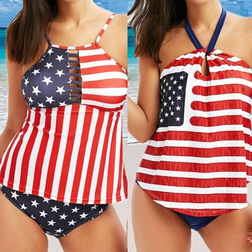 Plus Size Women American Flag Printing Tankini Bikini Set Push-Up Padded Swimwear Ladies Halter Swimsuit Bathing Suit Beachwear