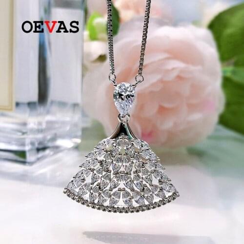 OEVAS 100% 925 Sterling Silver Full High Carbon Diamond Sector Skirt Pendant Necklace For Women Sparkling Wedding Fine Jewelry