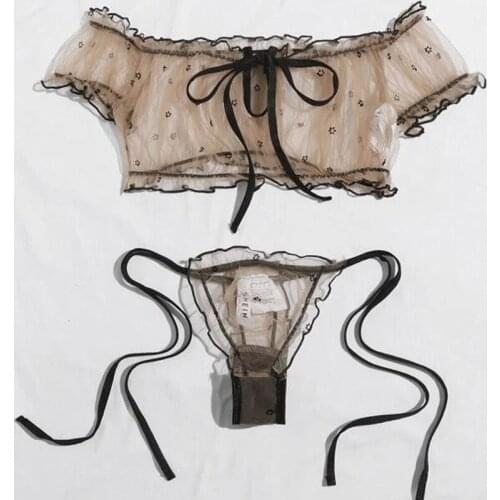 Women Sexy Lace Lingerie Transparent Bra Set 2 Piece Floral Embrodiery Erotic Underwear Femme Bras and Panties Sets Nightwear