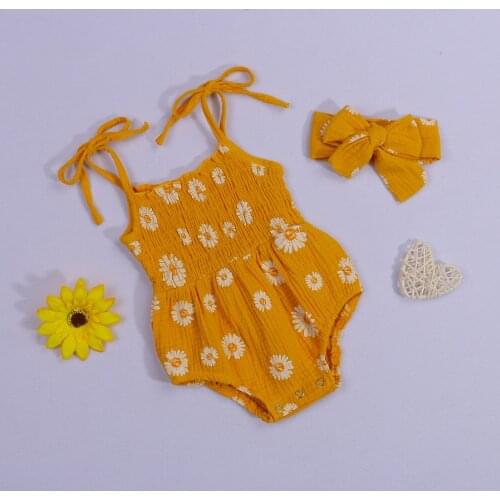 2 Pcs Newborn Daisy Print Outfits, Baby Girl Smocked Tie Up Boat Neck Spaghetti Strap Romper + Headband