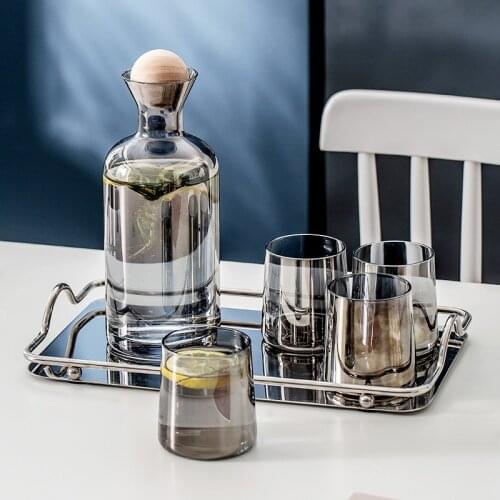 5pcs/set Water Pots Glass Carafe Set Wood Lid Decanter Pitcher Wine Whiskey Beer Juice Set Drinking Water Kettles