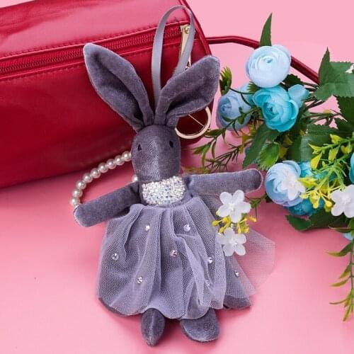 Bright Silk Fabric Rabbit Doll Clay Full Drill Long Ears Rabbit Doll Keychain Bag Pendant Wrist Pearl Chain