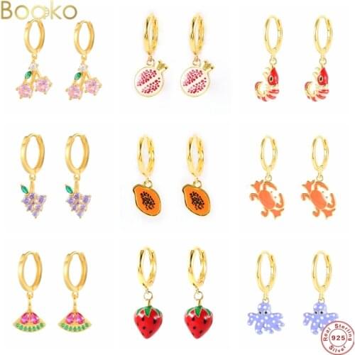 BOAKO 925 Sterling Silver Aros Papaya Dangle Charm Hoop Earring Papaya Shrimp Crab Watermelon Umbrella Loops Piercing Clips Gift
