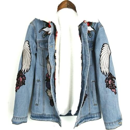 Crane Flower Embroidery Denim Jacket Coat Women Vintage Autumn Winter Basic Jackets 2018 New Casual Ripped Jean Jacket Outerwear