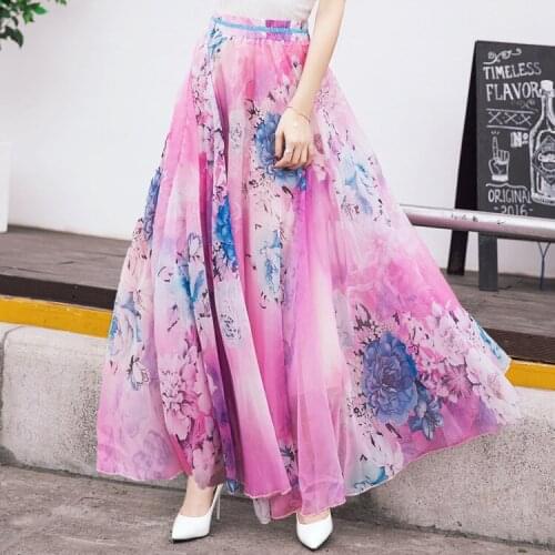 Summer New Chiffon Floral Print Skirts Women Bohemian Style Holiday Beach Boho Skirt
