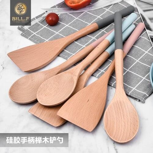Kitchen beech shovel spoon,silicone heat-resistant handle, high-end beech wood, strong and durable, cooking tools