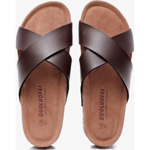 COSMAGIC 2021 Fashion Men Beach Cross Cork Slippers Summer Unisex Solid Color Non-slip Outside PU Leather Slide Shoe