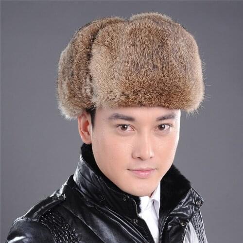 Men fur bomber hats of natural rabbit fur full pelt earflaps caps gray black natural colors leifeng hats warm winter hats M102