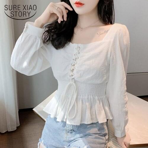 Autumn New 2020 Korean Style All-match Square Collar Slim Short-Height Short Sleeve Bubble Chiffon Blouse Womens Shirts 10584