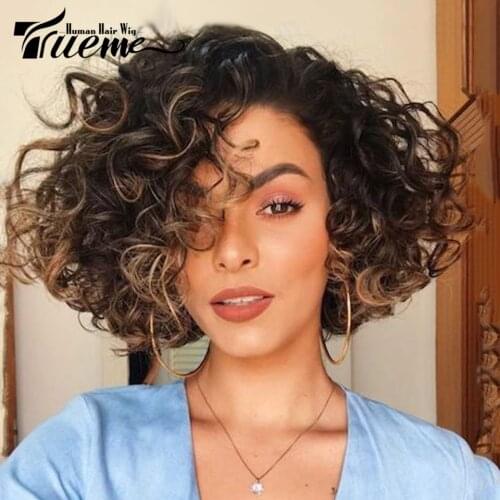Trueme Curly Human Hair Short Wigs For Black Women Remy Brazilian Hair Water Wave U Part Lace Wigs For Women Curly Bob Wig