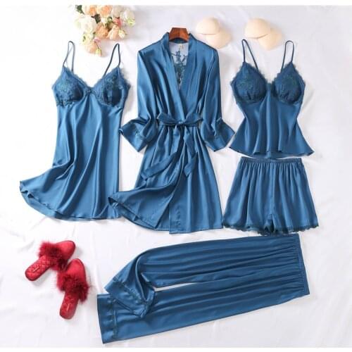 5PCS Faux Silk Women Pajamas Set Solid Sleepwear Shorts Spring Summer Homewear Robe Set Lace Nightdress Sleep Dress Pajama