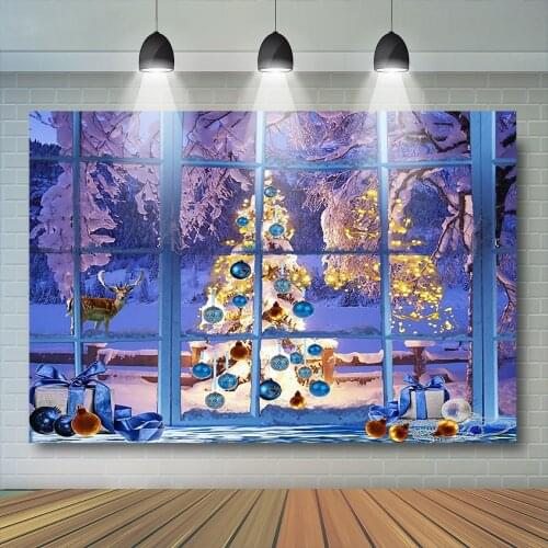 Christmas Window Backdrop for Photography Christmas Tree Background Snowfalke Gifts New Year Reindeer Party Decoration