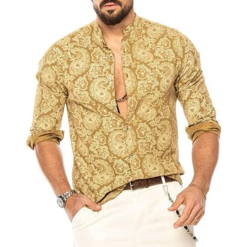 Fashion Printing National Style Hawaiian Shirt Long Sleeve V-neck Polyester Skin-friendly Loose Fit Men Shirt for Beach