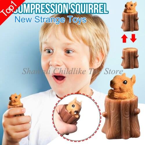 Squeeze Squirrel Toy Evil Decompression Tree Stumps Cute Miniature Telescopic Pen Holders Stress Relief Gifts for Kids Adults