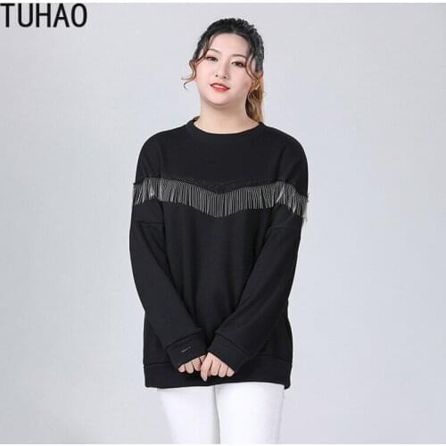 TUHAO Oversized womens sweatshirt shirt plus size 8XL 7XL 6XL 5XL female long sleeve tassle black hood sweatshirt clothes WM73