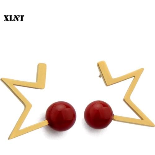 XLNT Stainless Steel Red Stone Women Star Stud Earring Fashion Stainless Steel Jewelry Best Gift for Friend Girl