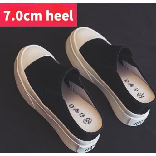 2021 Summer New Thick Bottom Muffin Inner High Canvas Shoes for Women Internal Increasing 7.0cm Solid Color White Black Slip On