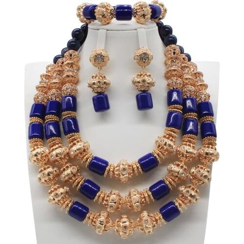 Real Coral Beads 3 Layers Blue Costume Necklace African Bridal Jewelry Set Dubai Gold Nigerian Wedding Necklace Set ABG7