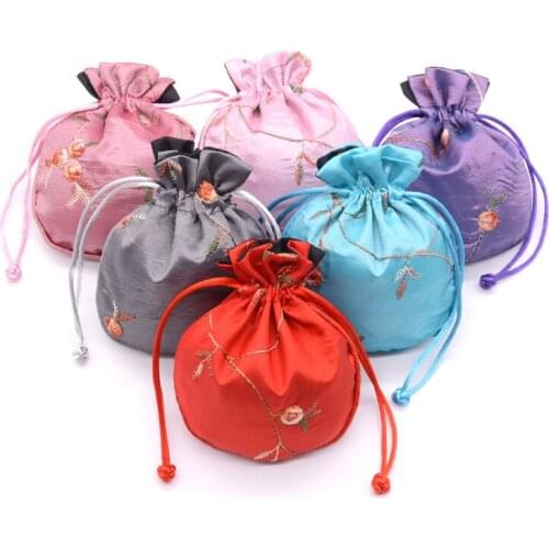 Cheap Drawstring Small Jewelry Gift Bags Satin Cloth Embroidered Packaging Pouches 50pcs/lot mix color Free shipping