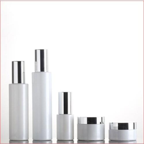 30/50/100/120ML white Empty glass bottle/Cream jar lotion pump Cosmetic Packing matt clean w silver cap 50cc