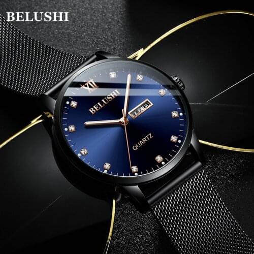 BELUSHI Luxury Watch Men Waterproof Slim Mesh Strap Quartz Wrist Watch Luxury Diamond Dial Mens Watches Clock Relogio Masculino