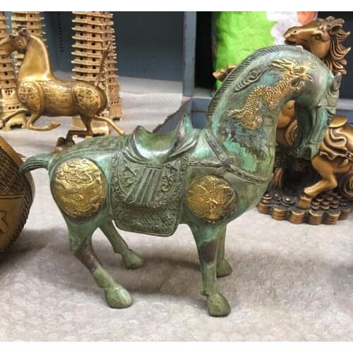 Free Shipping JP S0199 Chinese Bronze Gilt Dragon Phoenix Foo Fu Running Successful Horse Statue