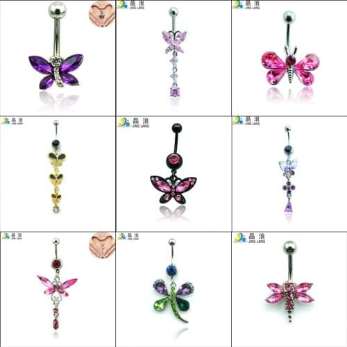 JINGLANG Belly Button Rings Surgical Steel Barbell Dangle Pink Rhinestone Butterfly Navel Body Piercing Jewelry