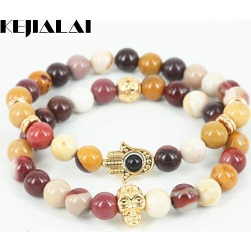 KEJIALAI 2pcs Mix Style Natural Egg Yellow Round Stone Beads Hamsa Hand Men Bracelet Beaded Skull Head Women Bracelet A0588
