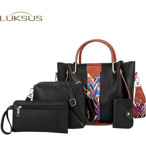 LUKSUS Fashion Composite Bag for Women 4pcs per Set Black Red Green Brown White Leather Handbags Crossbody Bag with Purses