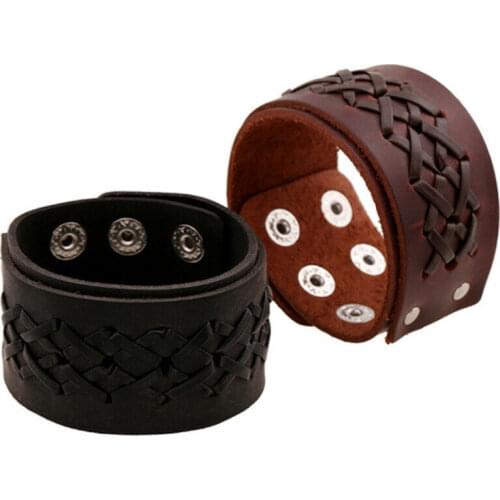 Men Leather Punk Cuff Bangle Bracelet Belt Wide Weaving Cowhide Buckle Wristband
