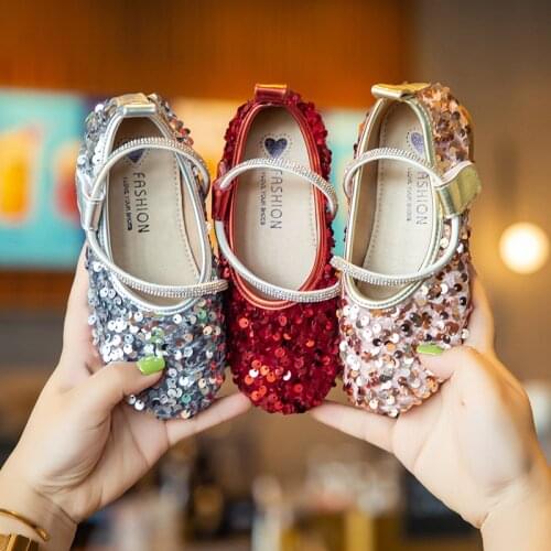 2021 New Girls Leather Shoes Summer Princess Shoes Girls Sequin Sandals Fashion Dance Shoes Casual Flats for Party Chic 26-35