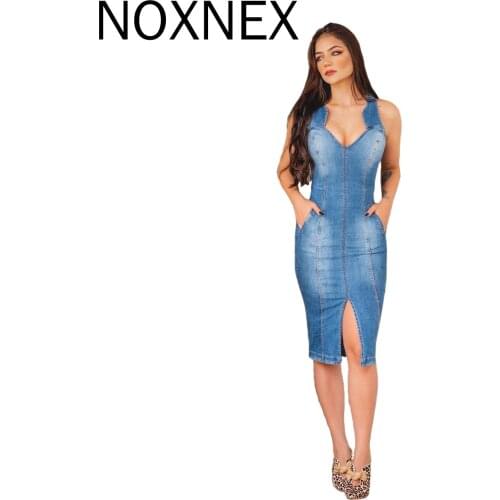 NOXNEX Womens Denim Long Midi Dress Solid Joker Overalls Elegant Tank Sleeve For Female with Pockets INS Popular