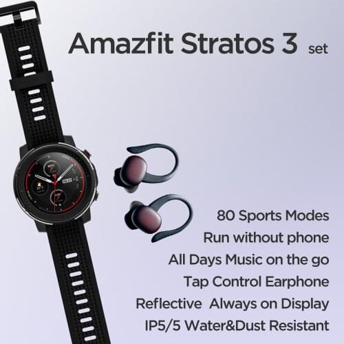 Global Version Original Amazfit Stratos 3+ PowerBuds Set Smartwatch 80 Sports Modes TWS Earphone Heart Rate Monitor Water-resist
