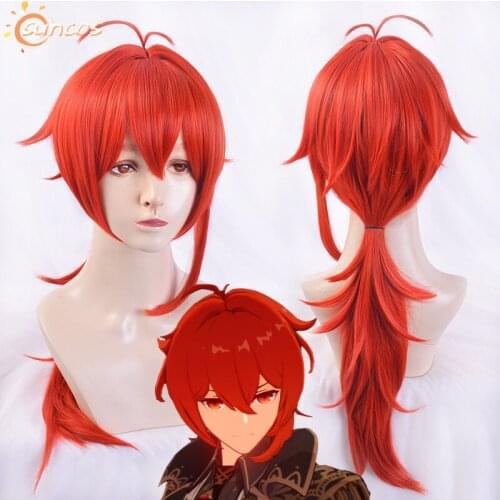 Game Genshin Impact Diluc Cosplay Wig Red Long Styled Heat Resistant Synthetic Hair Halloween Carnival Party + Wig Cap