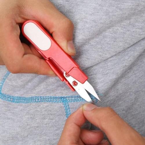Portable Cutter Mini Spring U Shape Scissors Handle Safety Cover Plastic Sewing Scissors Thread Embroidery Cross-stitch Cutter