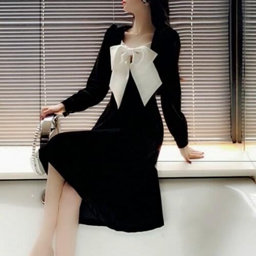 French Designer Dress Women Spring Hepburn Style Vintage Bow Party Midi Dress Female Casual High Street Korean Dress Women 2021