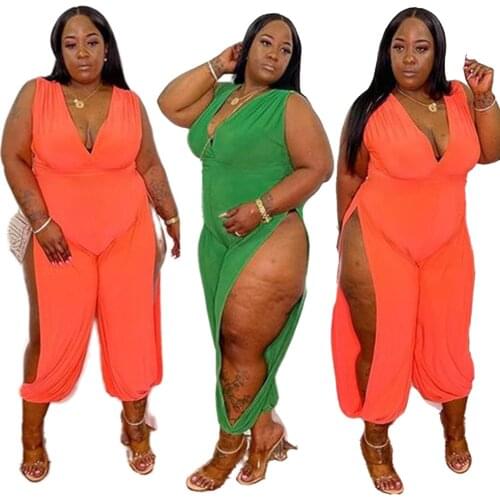 Plus Size Jumpsuit Women Wholesale Fashion V Neck Sexy Solid Deep V Neck Sleeveless Hollow Out Side Summer Clothes Dropshipping