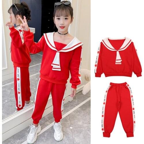 Girls Sport Clothes Set Girls Navy Collar Sweatshirt + Pants 2PCS Clothes Girl Teenage Gentleman Childrens School Clothing