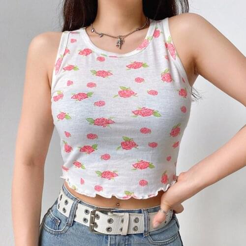 Casual Sleeveless Cropped Top Summer Floral Print Skinny Tank Tops Women Cute Frill White Vest Ladies Streetwear топ женский New