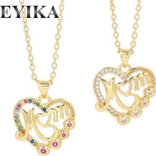 EYIKA Colorful Zircon Peach Heart Letter Mom Pendant Women Necklace Charm Mothers Day Crystal Jewelry for Mommy Birthday Gifts